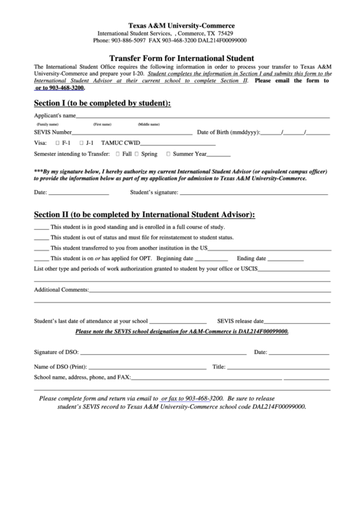 Transfer Release Form - Texas Am University Commerce Printable pdf