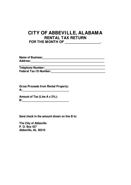 Fillable City Of Abbeville Rental Tax Form Printable pdf