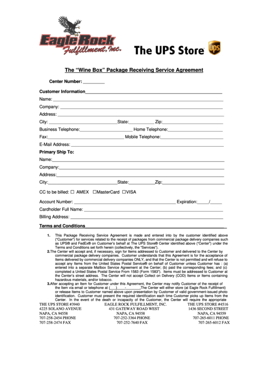 Fillable The Wine Box Package Receiving Service Agreement Printable pdf