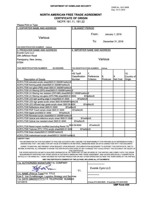 Cbp Form 434 - North American Free Trade Agreement Certificate Of Origin Printable pdf