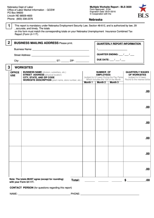 Fillable Form Bls 3020 - Multiple Worksite Report - Nebraska Dept Of Labor Printable pdf