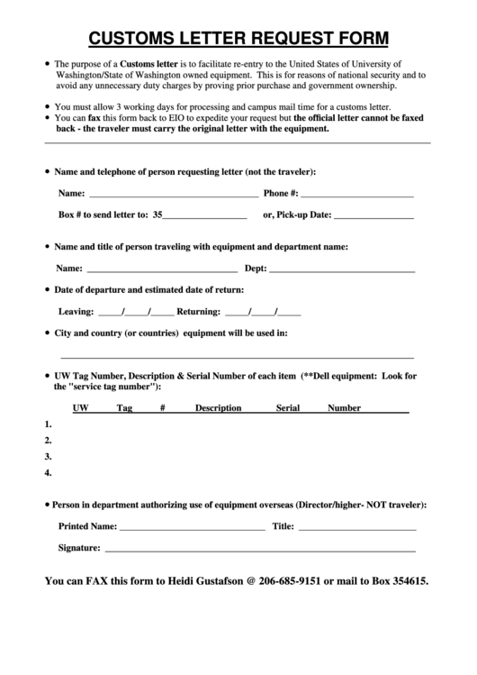 Customs Letter Request Form Printable pdf
