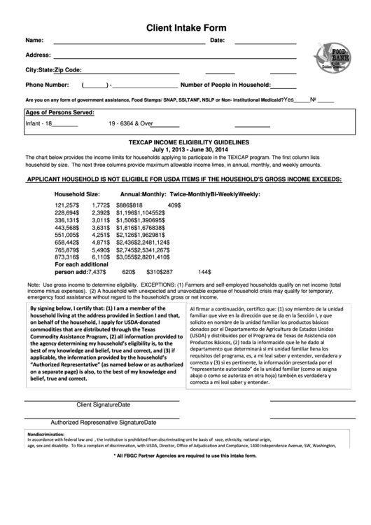 Client Intake Form Food Bank Printable pdf