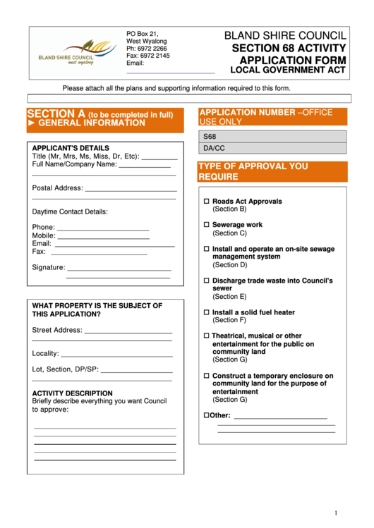 Section 68 Activity Application Form - Bland Shire Council Printable pdf