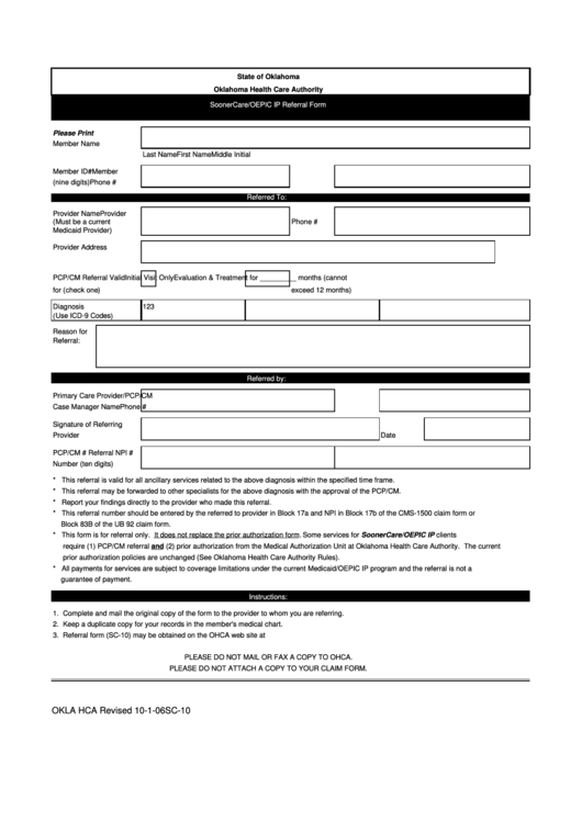 Fillable Okla Hca Sc-10 - State Of Oklahoma Soonercare/oepic Ip Referral Form Printable pdf