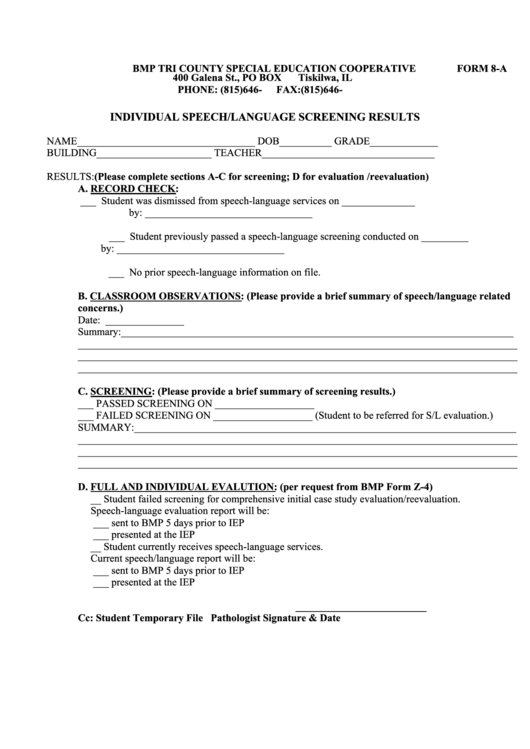Fillable Form 8a Speech Bmp Special Education Cooperative Printable pdf