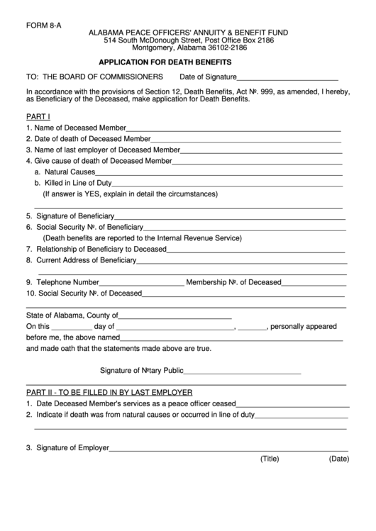 Fillable Form 8a Alabama Peace Officers Annuity & Benefit Printable pdf