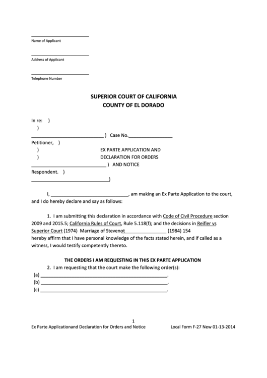 Superior Court Of California County Of El Dorado Ex Parte Application Printable pdf