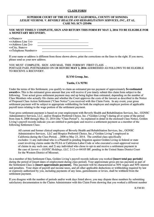 Claim Form Superior Court Of The State Of California Printable pdf