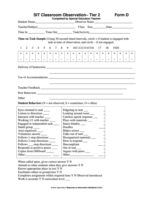 Form D - Sit Classroom Observation- Tier 2 Printable pdf