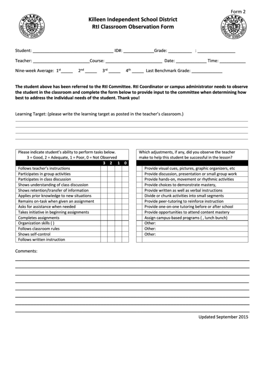 Form 2 Tier Ii Classroom Observation 2015 Printable pdf