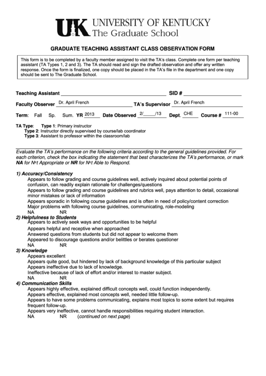Fillable Graduate Teaching Assistant Class Observation Form Printable pdf