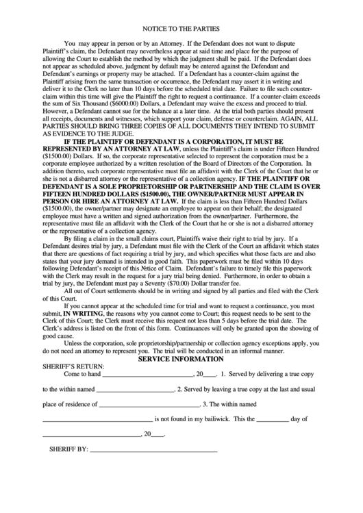 Notice Of Claim Front And Back - Lake County Printable pdf