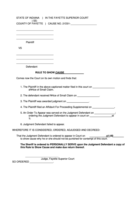 Rule To Show Cause (Fayette Superior Court) Printable pdf