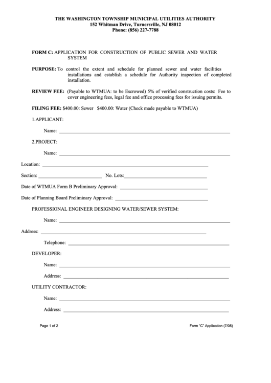 Application For Construction Of Public Sewer Printable pdf