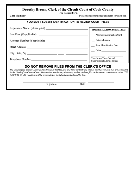 File Request Form (Clerk Of The Circuit Court Of Cook County) Printable pdf