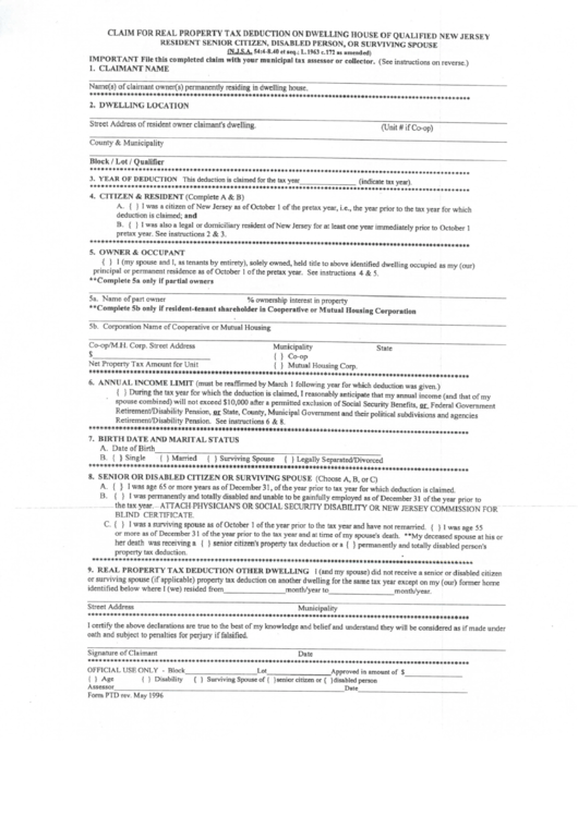 Form Ptd - Claim For Real Property Tax Deduction On Dwelling House Of Qualified New Jersey Resident Senior Citizen, Disabled Person, Or Surviving Spouse Printable pdf