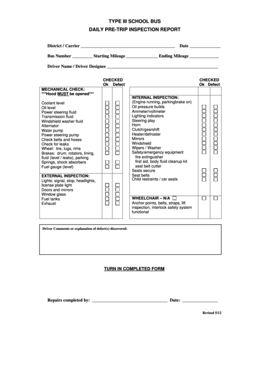 School Bus Daily Pre-trip Inspection Report Template