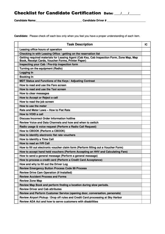 Checklist For Candidate Certification - Apache Taxi Printable pdf
