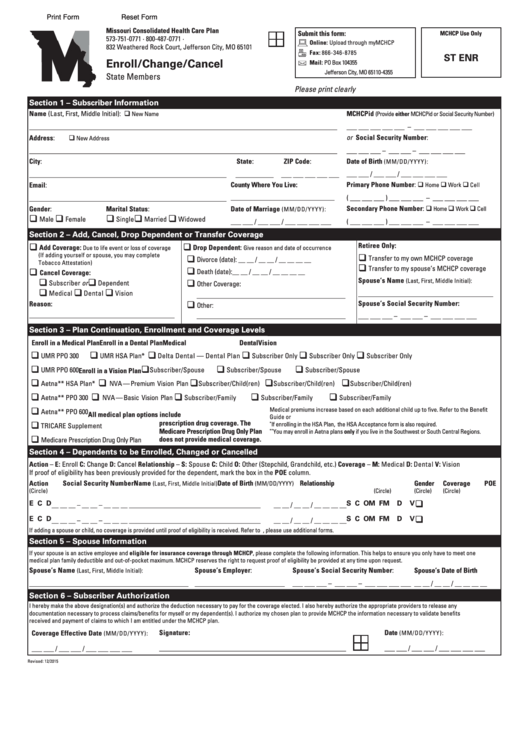 Fillable Enrollment Form - Missouri Consolidated Health Care Plan Printable pdf