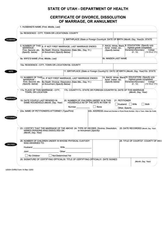 Fillable Certificate Of Divorce Dissolution Of Marriage Or Annulment Printable pdf