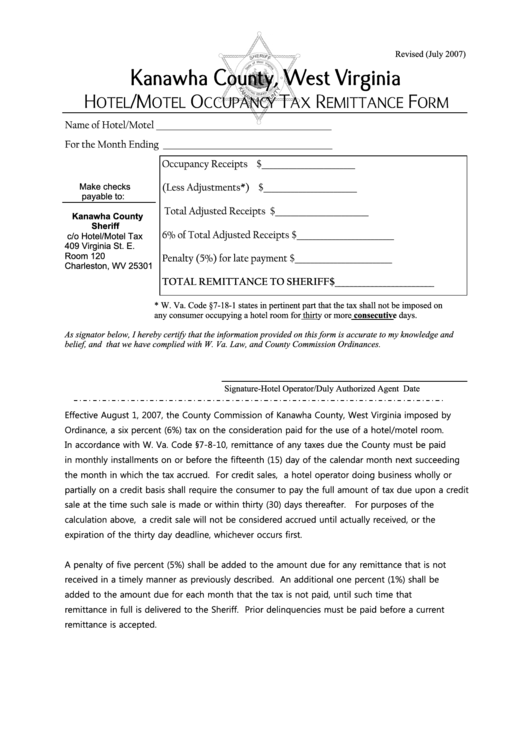 Remittance Form For Hotel Motel Tax - Kanawha County Printable pdf