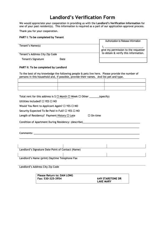 Landlords Verification Form