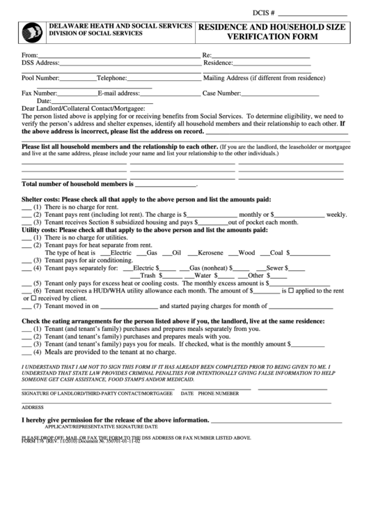 Fillable Household Composition Landlord Form - Delaware Health And Social Printable pdf
