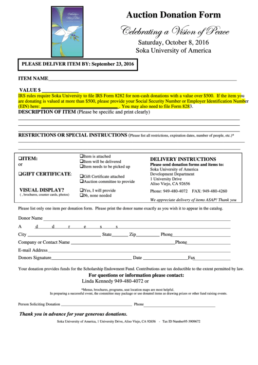 Auction Donation Form - Soka University Of America