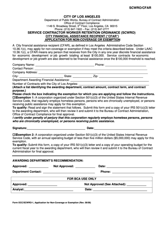 Application For Non Coverage Or Exemption City Financial Assistance Recipient Printable pdf