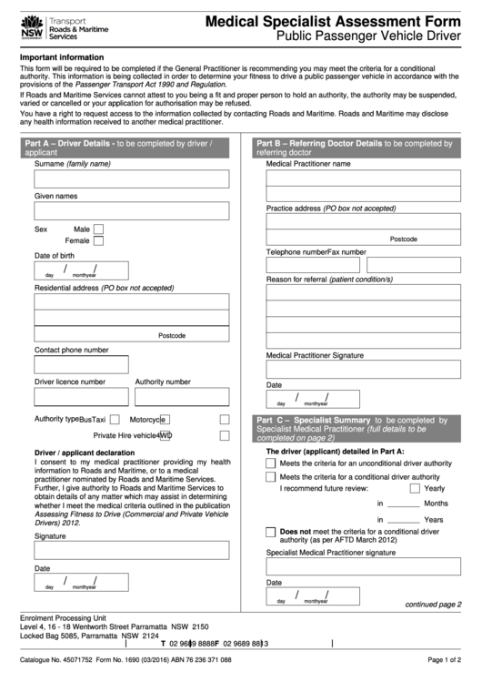 Fillable Medical Specialist Assessment Form - Public Passenger Vehicle Driver - Roads And Maritime Services Printable pdf