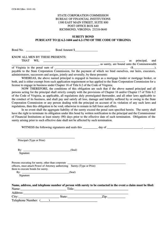 Ccb-8813 - Surety Bond - Virginia Printable pdf