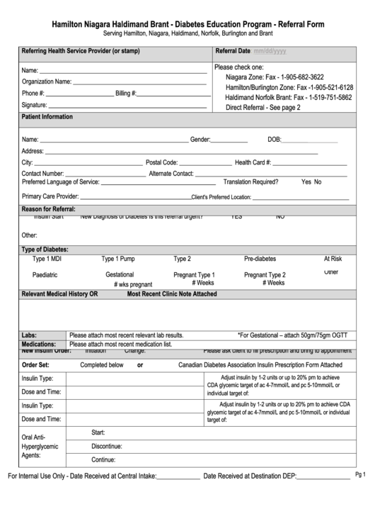 Fillable Hamilton Niagara Haldimand Brant - Diabetes Education Program - Referral Form Printable pdf