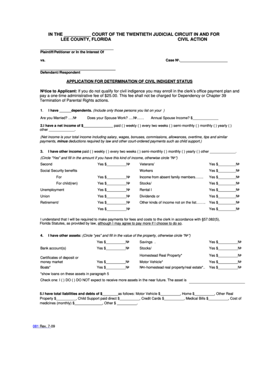 Fillable Application For Determination Of Civil Indigent Status - Lee County, Florida - 2009 Printable pdf