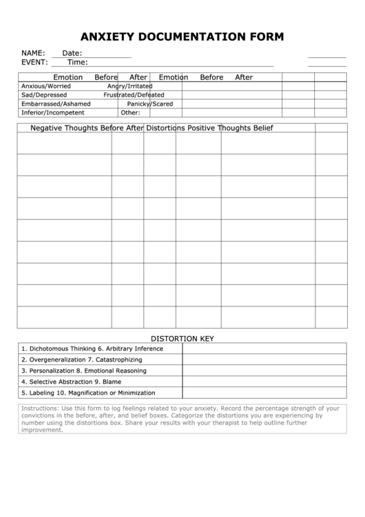 Anxiety Documentation Form Printable pdf