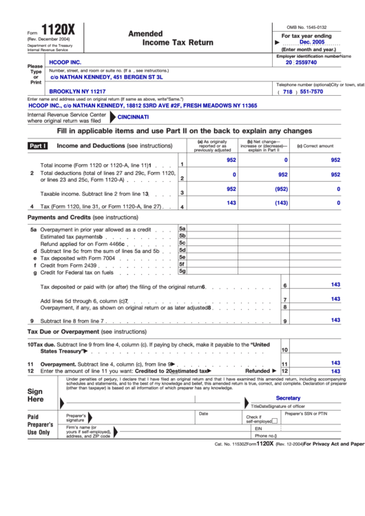 Form 1120x - Amended U.s. Corporation Income Tax Return Printable pdf