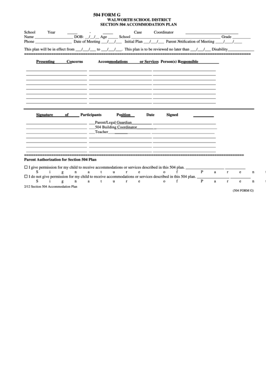 504 Form G - Accomodation Plan Printable pdf