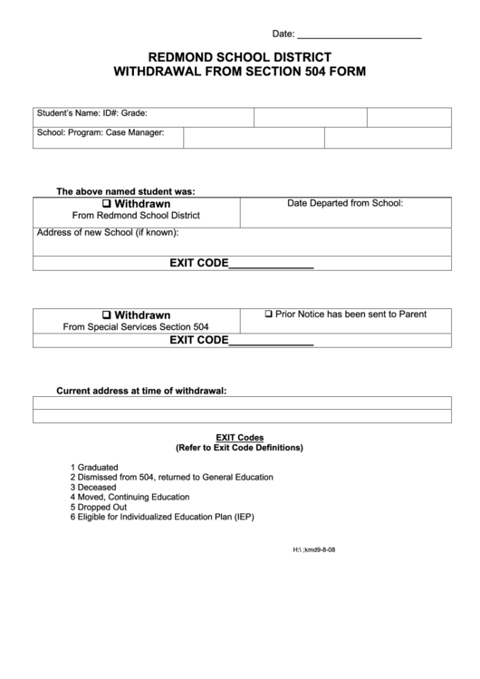 Withdrawal From Section 504 Form Printable pdf