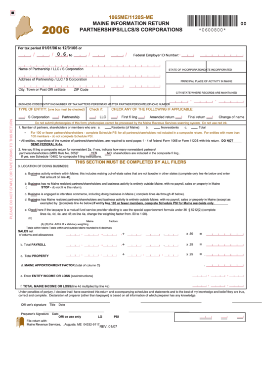 Form 1065me/1120s-Me - Maine Information Return Partnerships/llcs/s Corporations - 2006 Printable pdf