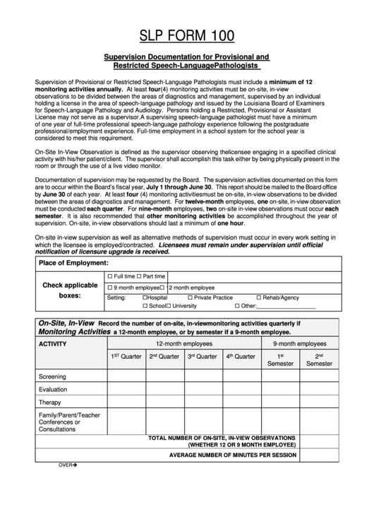 Slp Form 100 - Louisiana Board Of Examiners For Speech Language Printable pdf
