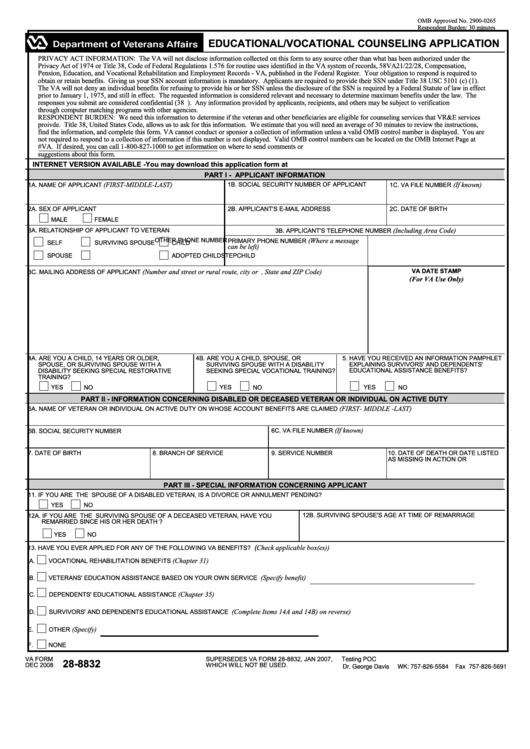 Va Form 28-8832 - 2008 Educational/vocational Counseling Application Printable pdf