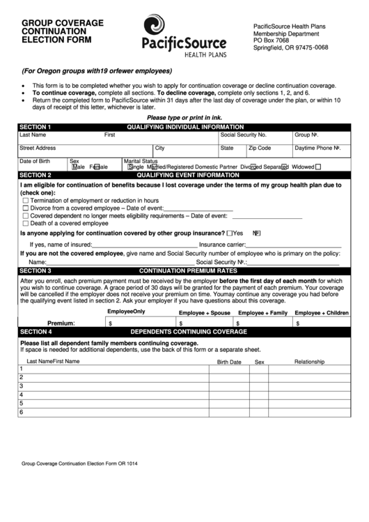 Fillable Continuation Election Form Pacificsource Printable pdf