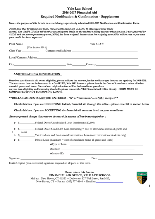Notification And Confirmation Form Supplement - Yale Law School Printable pdf