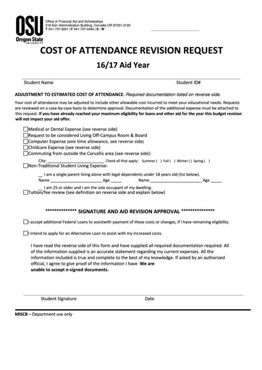 Fillable Cost Of Attendance Revision Request Financial Aid And Scholarships Printable pdf