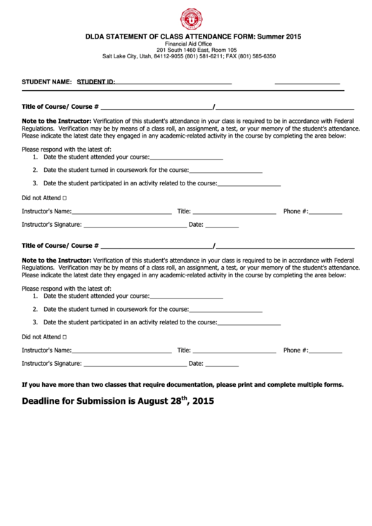 Dlda Statement Of Class Attendance Form - Financial Aid And Scholarships Printable pdf