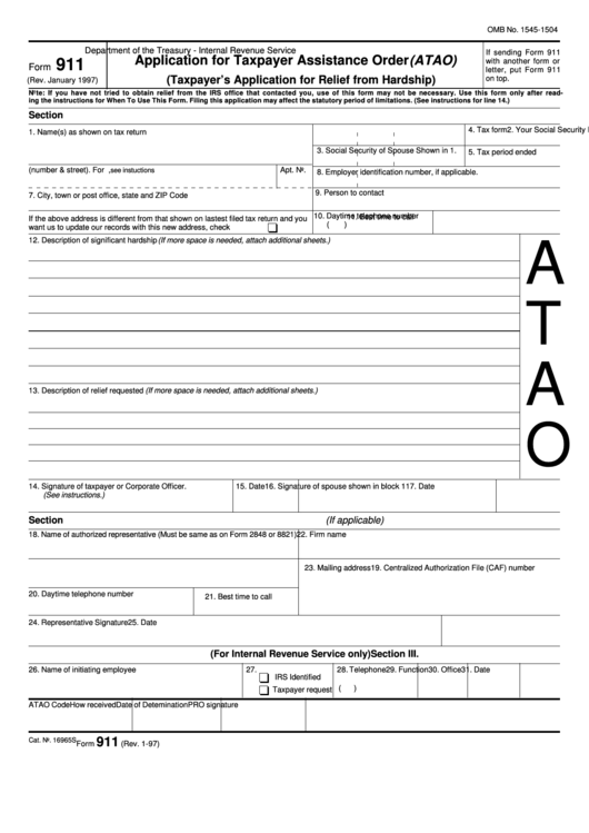 Fillable Form 911 - Application For Taxpayer Assistance Order (Atao) (Taxpayer