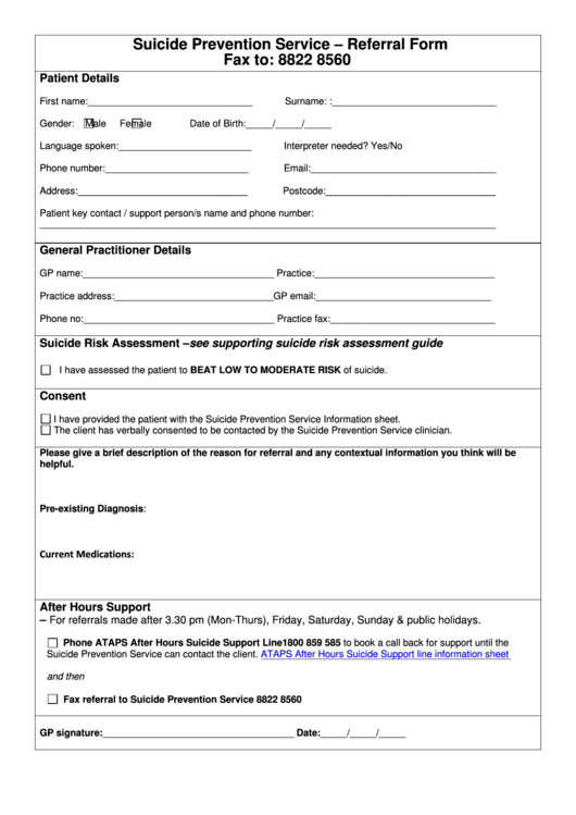 Suicide Prevention Service - Referral Form Printable pdf