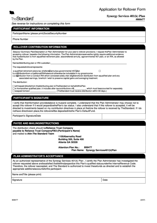Application For Rollover Form Printable pdf
