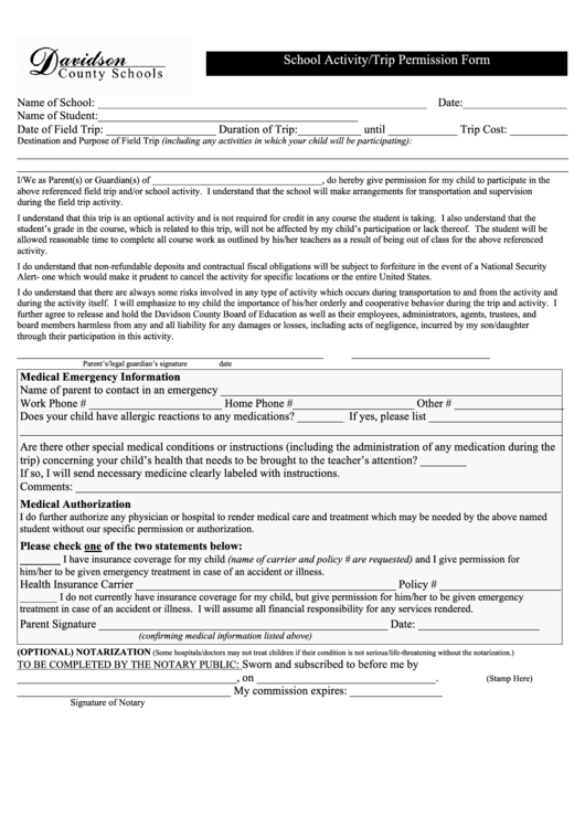 School Activity/trip Permission Form Printable pdf