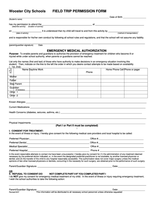 Wooster City Schools Field Trip Permission Form